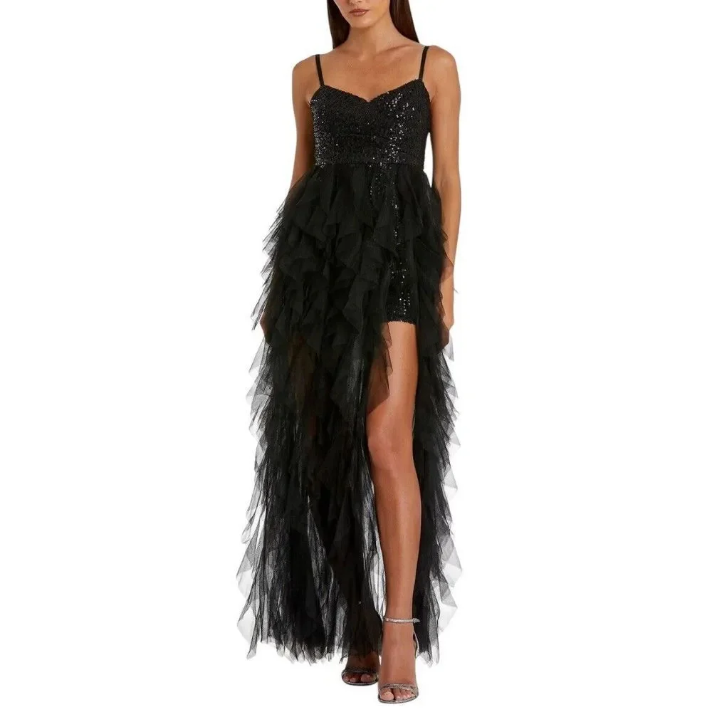 IEENA FOR MAC DUGGAL Sequin Mini with High Low Ruffle Tiered Train #27119‎ Sz 12